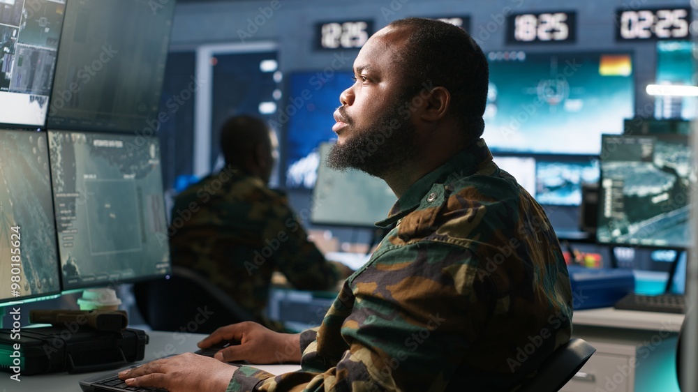 Poster army operative in command center analyzing surveillance data during global warfare. intelligence age
