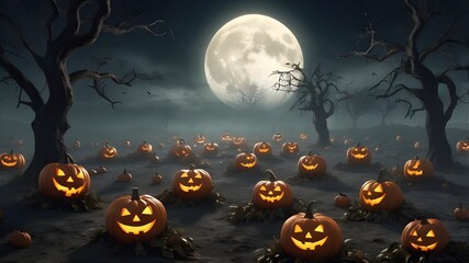Fototapeta premium Spooky Midnight Pumpkin Patch: Glowing Jack-o-Lanterns, Foggy Field, Haunting Atmosphere under a Full Moon's Ghostly Glow