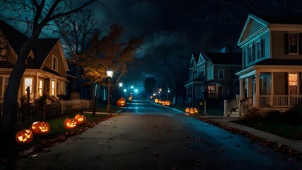 Fototapeta premium Suburban Halloween Night: Trick-or-Treating , Spooky Decorations, Glowing pumpkins , and a Mysterious Figure by a Streetlamp