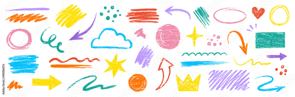 Poster crayon pencil color brush hand drawn chalk vector element set. scribble pastel texture brush stroke 