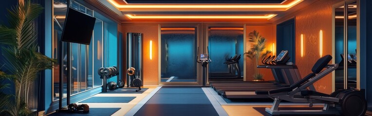 Modern gym interior featuring exercise equipment and vibrant lighting.