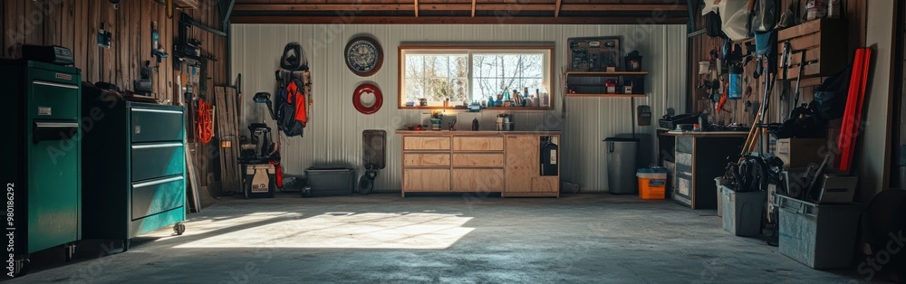 Poster a spacious garage with tools and storage, designed for diy projects and organization.