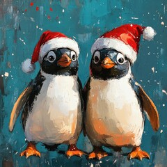 Fototapeta premium Adorable penguins in Christmas hats and scarves