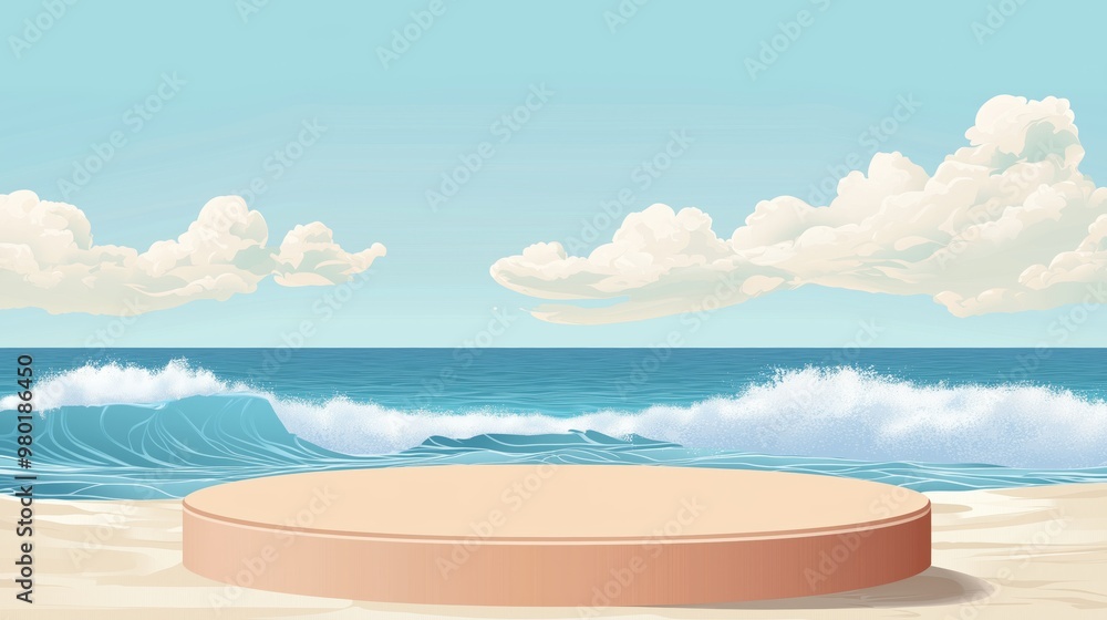 Poster empty podium on tropical beach with waves and clouds. ideal background for displaying products or ad