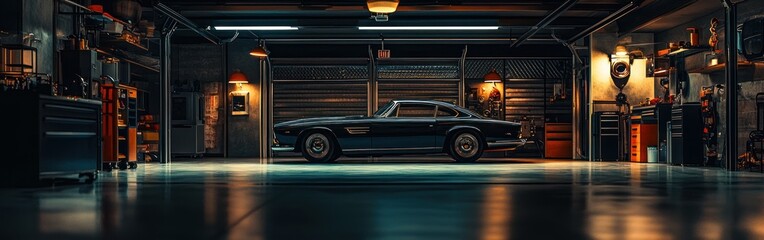 Obraz premium A vintage car parked in a well-lit garage, showcasing automotive craftsmanship.