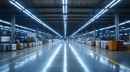 Ceiling-mounted fluorescent lighting providing even brightness across a factory production floor.