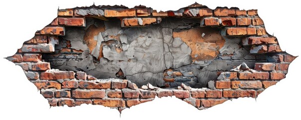 Hole in a brick wall, graffiti art, urban style, realistic, isolated on white background