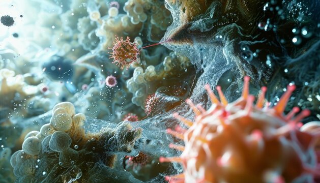 Microscopic View of a Virus Attacking a Cell