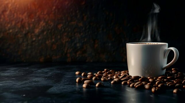 Scene of a coffe cup on dark background, Camera slow motion with different angles
