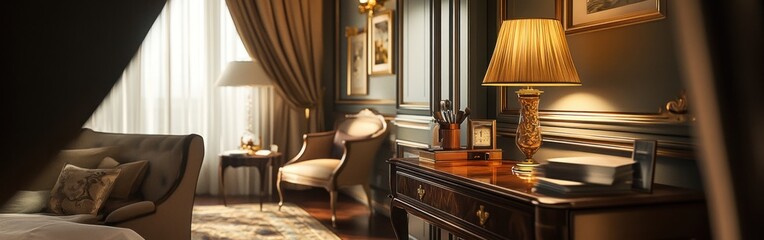 Elegant hotel room with classic furnishings and warm lighting.