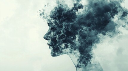 A woman's profile blends seamlessly into swirling clouds, representing the connection between thoughts and emotions. This artistic depiction captures depth and introspection in a unique visual style.