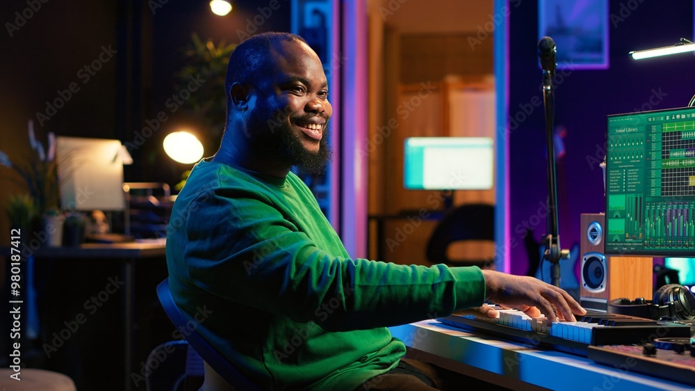 Leinwandbilder Modern producer playing piano keys to record new soundtrack, trying to produce song using midi controller electronic keyboard. Songwriter composer playing instrument notes to create tunes. Camera A.
