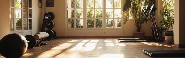 Fototapeta premium A sunlit home gym with exercise equipment and large windows.
