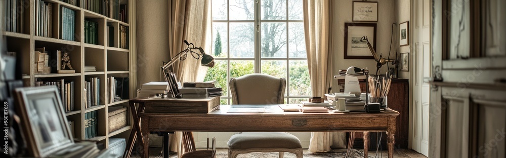 Canvas Prints A cozy home office with a wooden desk, bookshelves, and natural light streaming in.