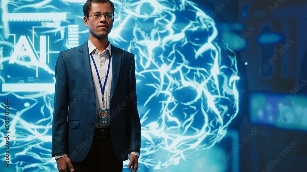 Poster upbeat engineer in startup doing advancements in ai field. portrait of happy man standing with arms 