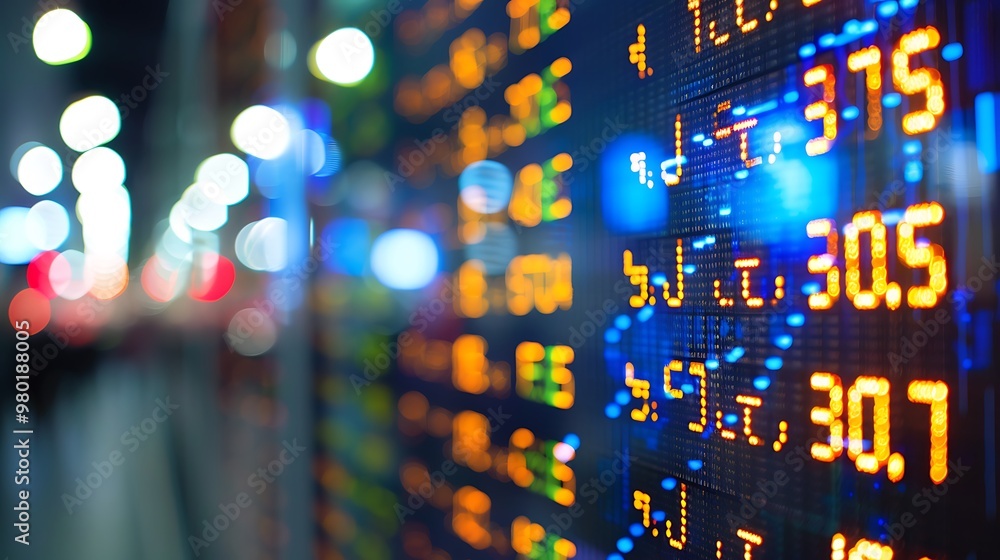 Aufkleber close-up view of a stock market display board in a city, displaying financial data with numbers in o