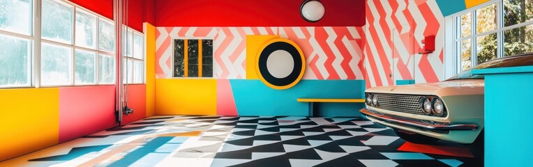 A vibrant, abstract room featuring bold colors and geometric patterns with a classic car.