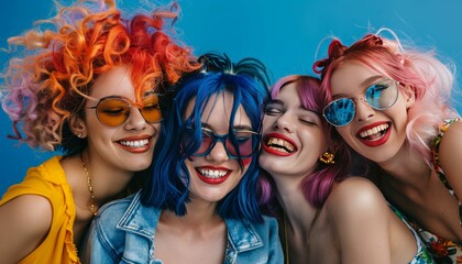 Obraz premium Four diverse women with vibrant hair colors and stylish sunglasses huddle together expressing happiness and friendship