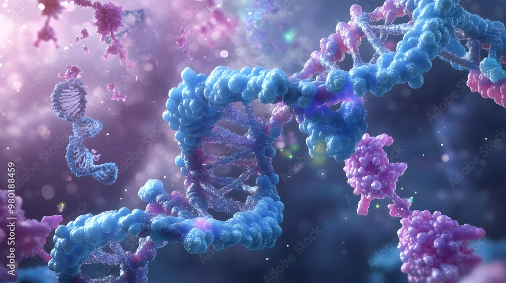 Poster 3d render of double helix dna with a blue and purple color scheme