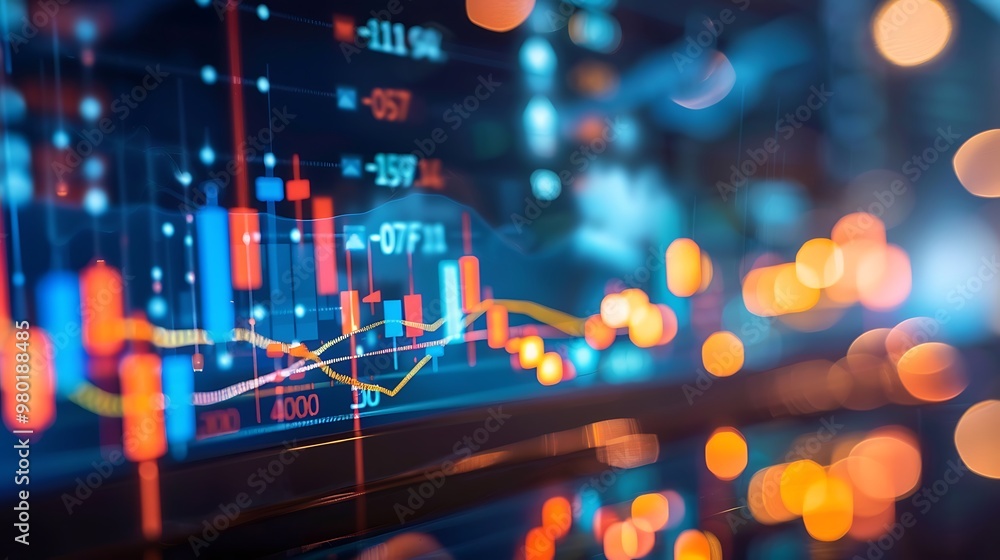 Poster close-up view of a computer screen displaying stock market data, featuring colorful charts and graph
