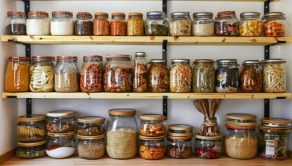 Fototapeta premium Glass jars filled with various food items on wooden shelves in a pantry