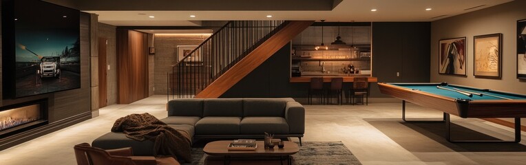 Modern basement lounge with a pool table, fireplace, and stylish furnishings.