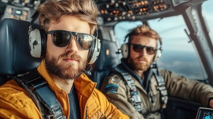 Fototapeta premium Two men in a helicopter wearing sunglasses and headsets looking at the camera.
