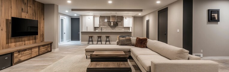 Modern living room with a cozy sectional sofa and a kitchen bar in a stylish interior.