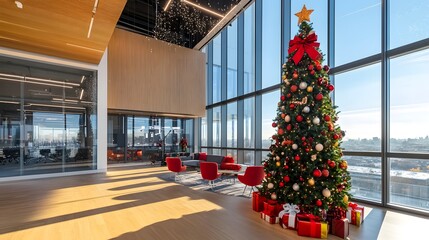 Festive Christmas celebration in modern tech company office with futuristic decor. Cheerful holiday atmosphere among employees, embracing technology and innovation
