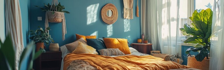 Cozy bedroom featuring warm colors, plants, and natural light.
