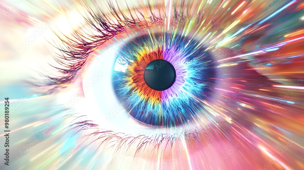 Poster a close-up of an eye with colorful rays of light emerging from the iris