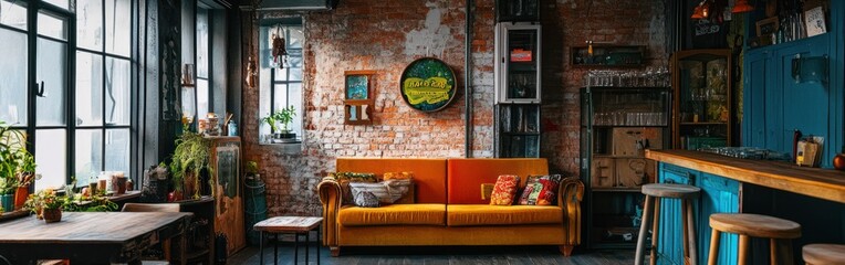 Cozy, stylish interior featuring a yellow sofa, plants, and rustic decor for relaxation.