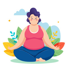 Obese woman practicing meditation in peaceful pose promoting mindfulness and mental well-being.