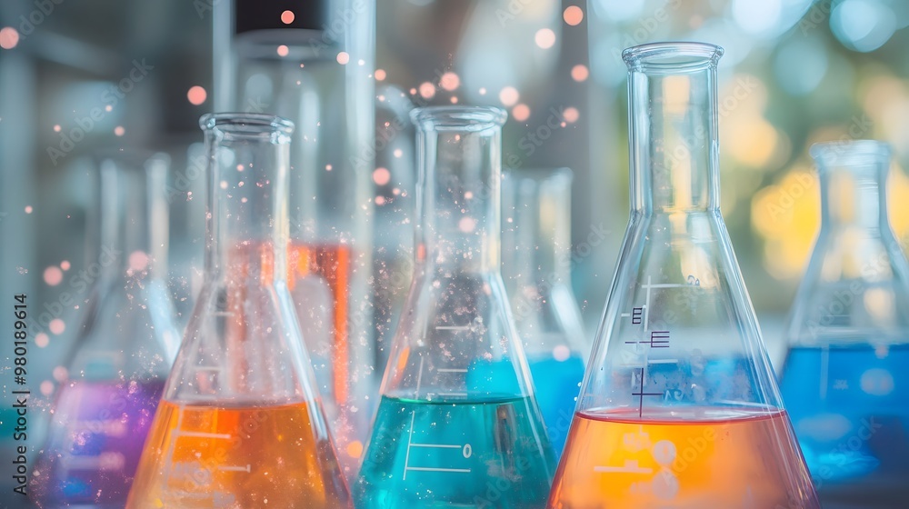 Poster a close-up of four erlenmeyer flasks filled with colored liquids, illuminated by bokeh lights