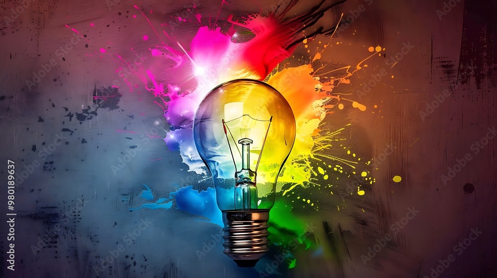 Poster lightbulb with colorful paint splatters behind symbolizing new ideas and inspiration.