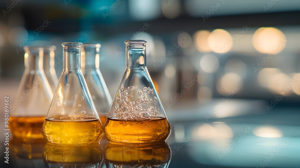 Poster three erlenmeyer flasks filled with amber liquid in a laboratory setting