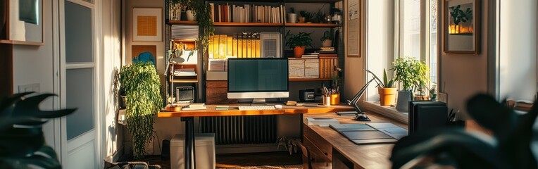 A cozy home office with plants, a desk, and a computer, promoting productivity and comfort.