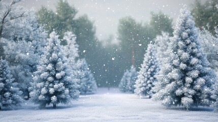 Fototapeta premium Peaceful snow-covered forest with frosted Christmas trees in a winter wonderland setting. Perfect for a Merry Christmas and New Year greeting
