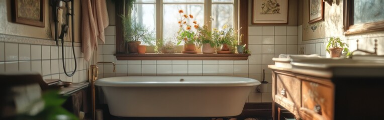 A cozy vintage bathroom featuring a freestanding tub and potted plants by the window.