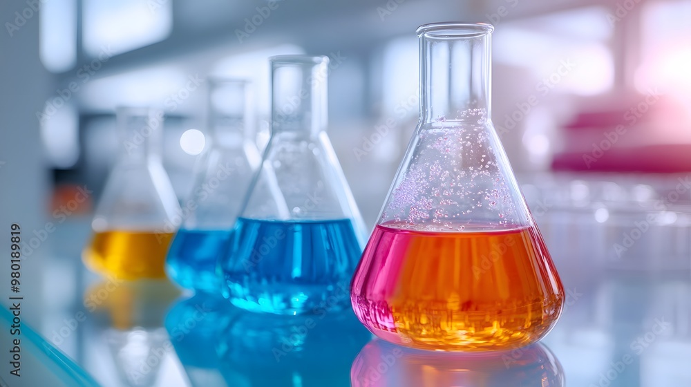 Poster a close-up of three flasks filled with colorful liquids in a laboratory setting