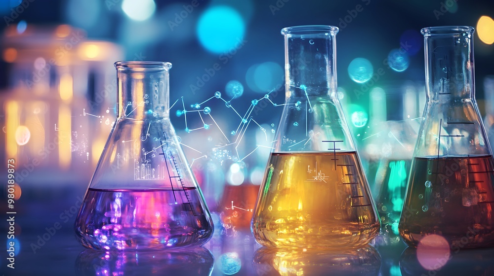 Poster three glass flasks filled with colorful liquids in a laboratory setting