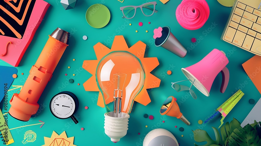 Poster colorful flat lay showcasing a lightbulb as the centerpiece, surrounded by objects symbolizing creat