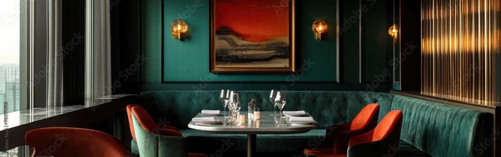 Wall mural Elegant restaurant interior featuring cozy seating and artistic decor.