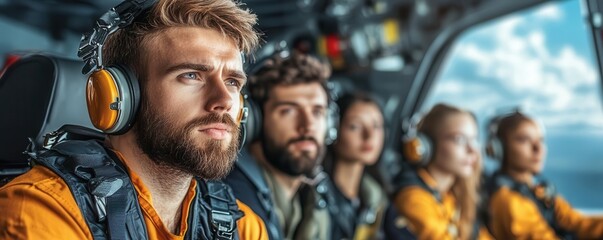 Confident bearded man in uniform stands with arms crossed, surrounded by a team of colleagues.