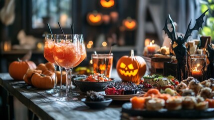 A colorful Halloween gathering features a variety of spooky decorations, creatively carved pumpkins, and vibrant drinks served in glasses