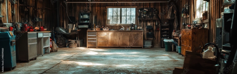 Poster a spacious workshop with tools and storage, designed for diy projects and repairs.