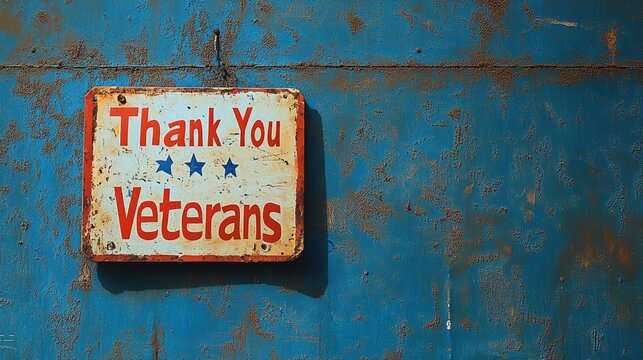 'Thank You Veterans' sign on weathered blue background. Appreciating military service.