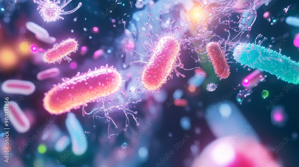 Poster a vibrant array of bacteria and microorganisms is displayed under a microscope, showcasing their int
