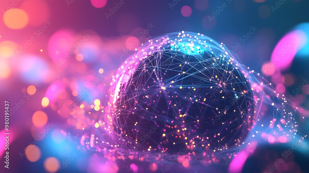 Poster a 3d rendered globe with interconnected lines and glowing particles
