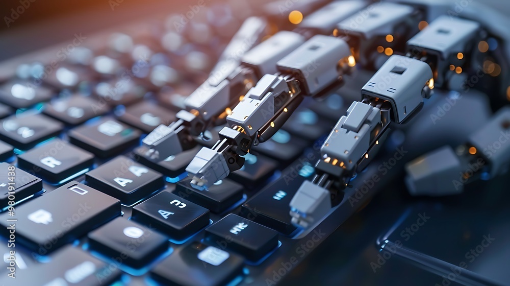 Poster close-up of a robotic hand typing on a keyboard, representing the future of technology and automatio